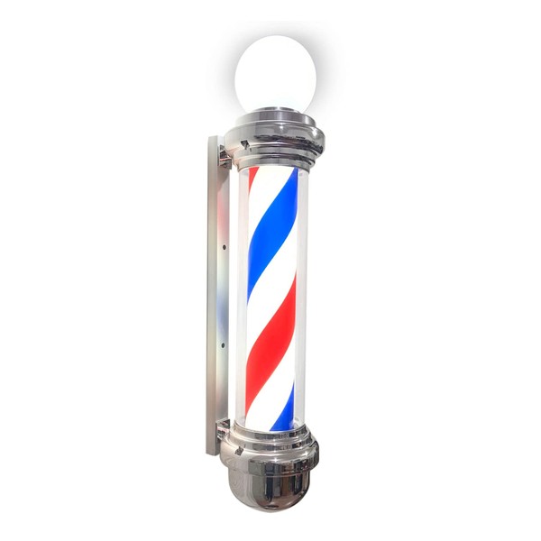 35.4" Classic Barber Shop Swivel LED Light Barber Poles Outdoor, Barber Pole Rotating Illuminated Light Hair Salon Shop Beauty Sign,Red Blue White Stripes, Waterproof and Energy Saving