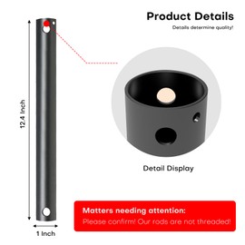 16-Inch Ceiling Fan Downrod with Extension Cord, 1.3-Foot Black Ceiling Fan Extension Rod, 1-Inch OD, Ceiling Rod for Various Fans (Black, Unthreaded)
