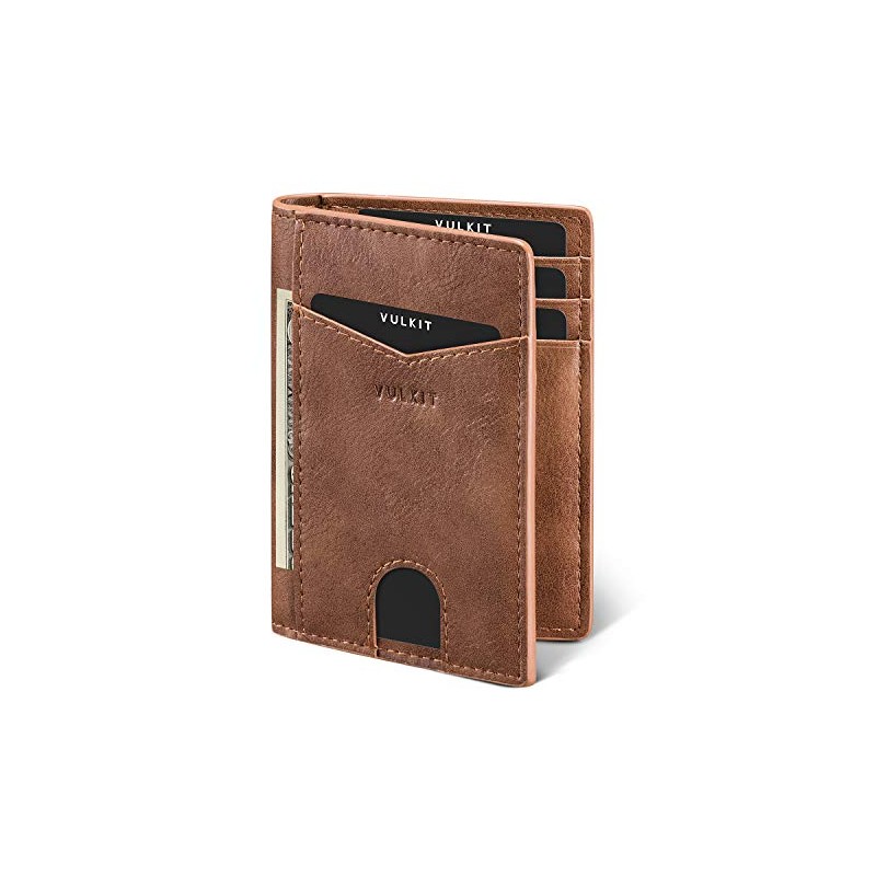 VULKIT Tarjetero de cuero con bloqueo RFID delgado y plegable