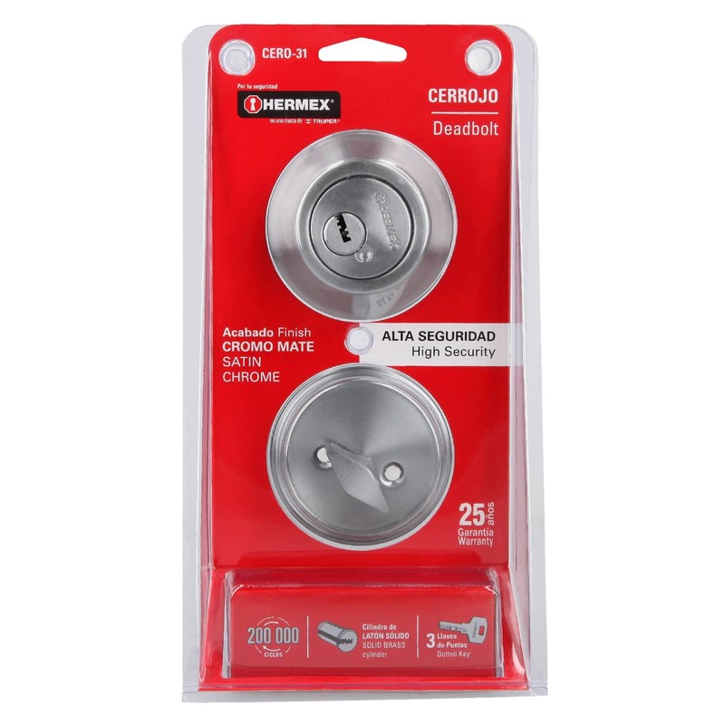 Hermex CERO-31, Cerrojo llave-mariposa, cilindro de latón, cromo mate