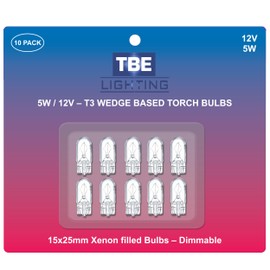TBE LIGHTING Replacement 12 Volt, 5w T3 1/4 Wedge Base Xenon Bulbs, Pack of 10 Low Voltage Wedge Base Bulbs W5W for Landscape, RV and Cabinet Lighting T10 Dimmable Clear Bulbs.