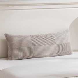 Fancy Homi Set of 1 Neutral Taupe Boho Long Lumbar Body Decorative Throw Pillow Cover 14x36 Inch for Bed Couch Bedroom Bench, Soft Patchwork Corduroy Textured Pillow Case, Farmhouse Room Decor