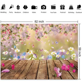 deFouliao 7x5ft Spring Backdrop Pink Cherry Blossom Flowers Butterfly Photography Background Wood Floor Floral Outdoor Spring Easter Backdrops Children Kids Birthday Party Banner Decorations