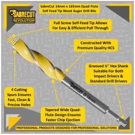 1 x SabreCut SCAG014 14mm x 165mm Wood Auger Quad Flute Self Feed Tip Grooved Hex Shank Drill Bit for High Speed Drilling in Wood and MDF