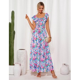 GRACE KARIN Summer Wedding Guest Dress for Women Smocked Corset Off Shoulder Boho Dress Blue Multicolor XXL