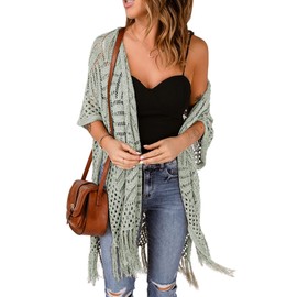 Sidefeel Women's Open Front Knit Sheer Cardigans Summer Boho Lightweight Kimono Cover Ups Gray