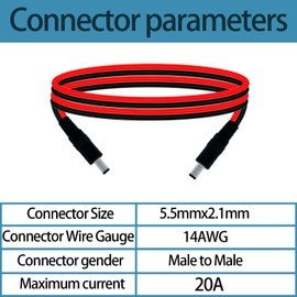3.3FT 5.5mm x 2.1mm 14AWG Male to Male Connector Cable DC Power Extension Cord 5521 Connector for Solar Panels Outdoor Power Supply LED Strip Lights Surveillance Cameras Routers 2pcs