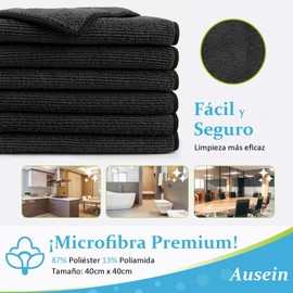 Ausein Toallas de Cocina de 12 Piezas, 40 x 40 cm, Trapos de Microfibra, Lavable y Reutilizable, Paños de Limpieza de Super Absorbentes, Secado Rápido, para Cocina, Coches, Ventana y Vidrio (Negro)