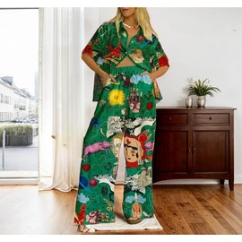 Women's Summer Print Two Piece Pajama Set Short Sleeve Outfits Button Down Tops Drawstring Long Pants Sleepwear Sets (B,Small)