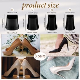 cobee 8 Pairs Heel Protectors, High Heels, Rubber Covers, Heel Protectors, Sole for Shoes, 4 Sizes, Heel Protector, Heel Protection, Non-Slip Pumps, Heel Caps Protection (Transparent + Black)