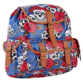 Eye Catch TM - Womens Oil Cloth Skull Roses Backpack Rucksack Girls School Bag Blue