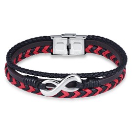 INFINIONLY Mens Teenagers Multi-Layer Red Black Leather Braided Bracelet Fashion Stainless Steel Bracelet with Silver Infinity Symbol for Boys