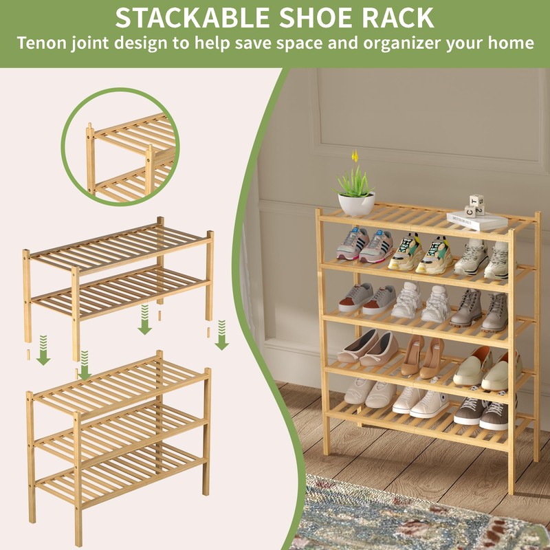 ROMGUAR CRAFT 2 Tier Bamboo Shoe Rack for Closet Free