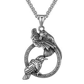 ZFSBRTL Men's Necklace Viking Odin Raven Pendant, Hugin Munin Silver Stainless Steel Pendant Jewellery, Nordic Mythology Celtic Crow Lady Jewellery, Agate