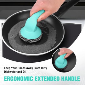 HAUSHOF Cast Iron Scrubber with Long Handle, Chainmail Scrubber Cast Iron Cleaner for Pan, Kitchen Cleaning Kit for Grill, Dutch, Oven