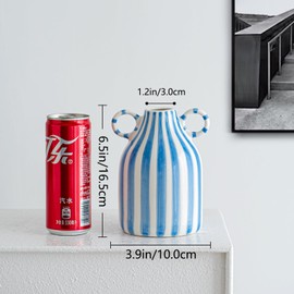 Jarrón de cerámica azul y blanco, jarrones pequeños a rayas modernos de mediados de siglo, para centro de mesa de flores y pampas, florero a cuadros azul y blanco para mesa de comedor, cocina, mesa,