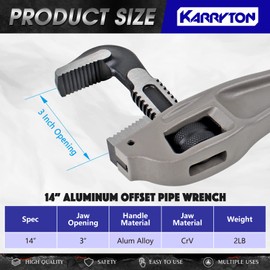 KARRYTON 14 Inch Aluminum Offset Pipe Wrench, 3"/76mm Adjustable Jaw Capacity, Heavy Duty Alum Handle Plumbers Wrench with Drop Forged Steel Jaw(CR-V), Perfect Plumbers Tool Exceed GGG Standard