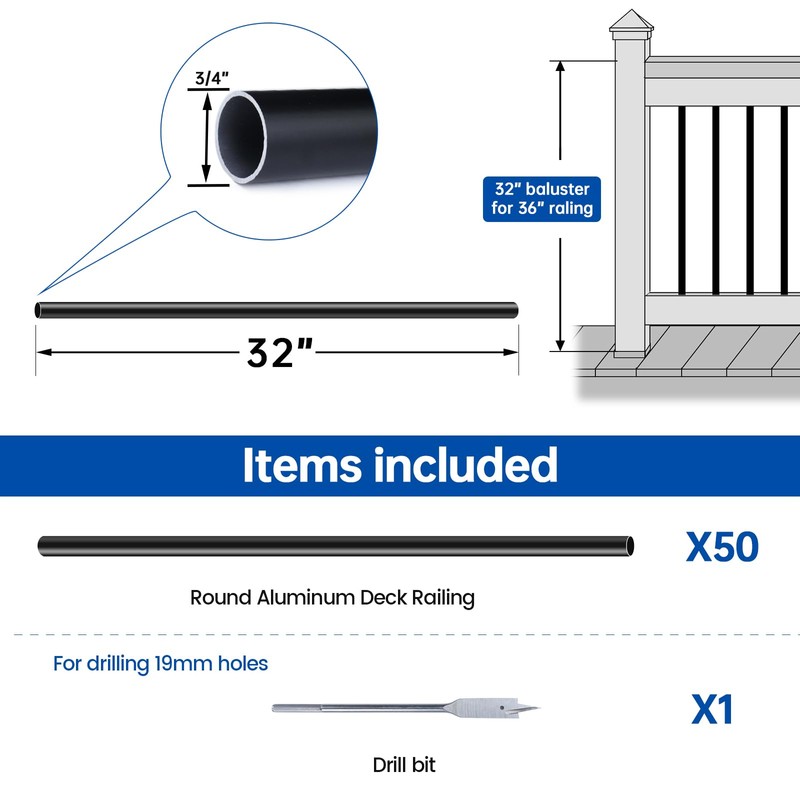 Muzata 50Pack 32" Aluminum Deck Balusters Round Black Deck Railing