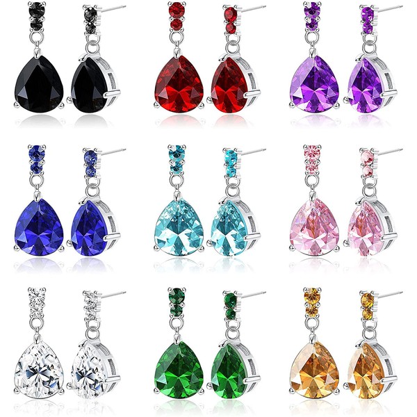 LOLIAS 9 Pairs Crystal Teardrop Dangle Earrings for Women Multicolor
