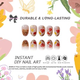 Fall Press on Nails Short Oval MABKJLF Fake Nails French Tip False Nails with Maple Leaves Glitter Designs Glossy Glue on Nail Autumn Acrylic Nail for Women Girls 24Pcs