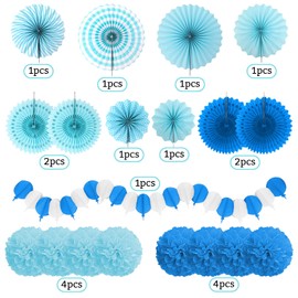 Recosis Party Decorations, Blue Papar Fans Pompoms Garlands for Men Boy Fathers Day Graduation Bachelorette Wedding Birthday Baby Showers Birthday Party Decoration