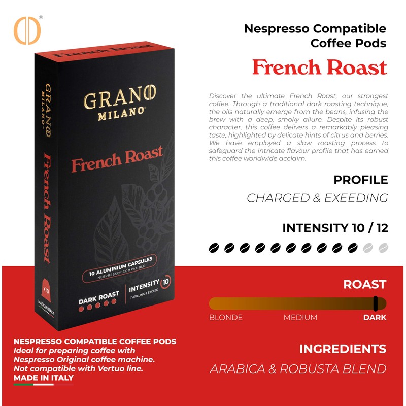 Grano Milano French Roast - 50 Aluminium Coffee Pods Compatible