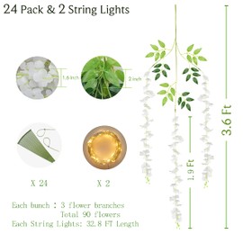 BLEUM CADE 24 Pcs White Wisteria Hanging Flowers with Lights, 3.6Ft/Pcs Fake Wisteria Flowers, Artificial Hanging Wisteria Garland for Wedding Party Home Backdrop Wall Decorations
