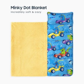 Wake In Cloud - Toddler Nap Mat with Pillow and Minky Fleece Blanket, for Kids Boys in Daycare Preschool Kindergarten, Roll Up Sleeping Bag, Colorful Dinosaur Race Car, Sky Blue, Standard