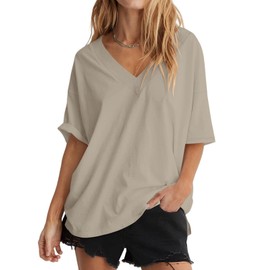 Ovanviso Womens Oversized T Shirts Cotton Short Sleeve Tees Ribbed Trim V Neck Tops Loose Fit Fashion Clothes 2025 Apricot