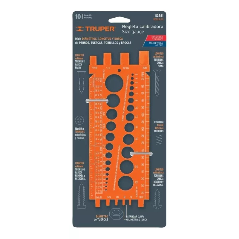 Truper Regleta Calibradora Tuercas Y Tornillos, 22 Cm Truper 10811