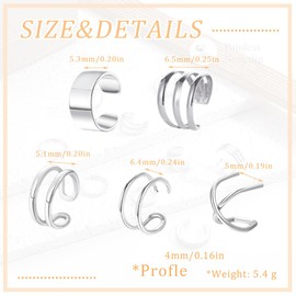 IKOPFLN Pack of 5 Sterling Silver Ear Clips Spiral Cartilage Ear Clip Earrings Set (No Piercing), Non-Piercing Fake Spiral Cartilage Cuff Earrings Clips for Sensitive Ears