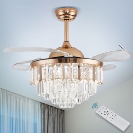 Qieynel 42'' Modern Fandelier Crystal Ceiling Fans with Light Remote LED Ceiling Lighting Fixture Crystal Fan Light for Bedrooms Dinning Room Living Room