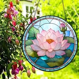 Delightful Lotus Flower Stained Windows Hanging Suncatcher,Flower Stained Acrylic Suncatchers Window Ornament Stained Glass Panel Sun Catcher Wall Hanging Decor Birthday Gifts