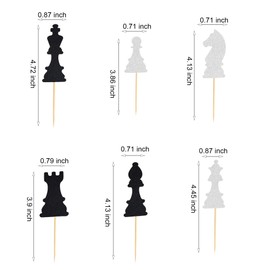 Arthsdite 24 Stück internationale Schach-Cupcake-Topper für Babyparty, Brettspiel, Themen-Dekor, für Jungen und Mädchen, Happy Birthday Kuchendekorationen, Zubehör – Schwarz Silber Glitzer