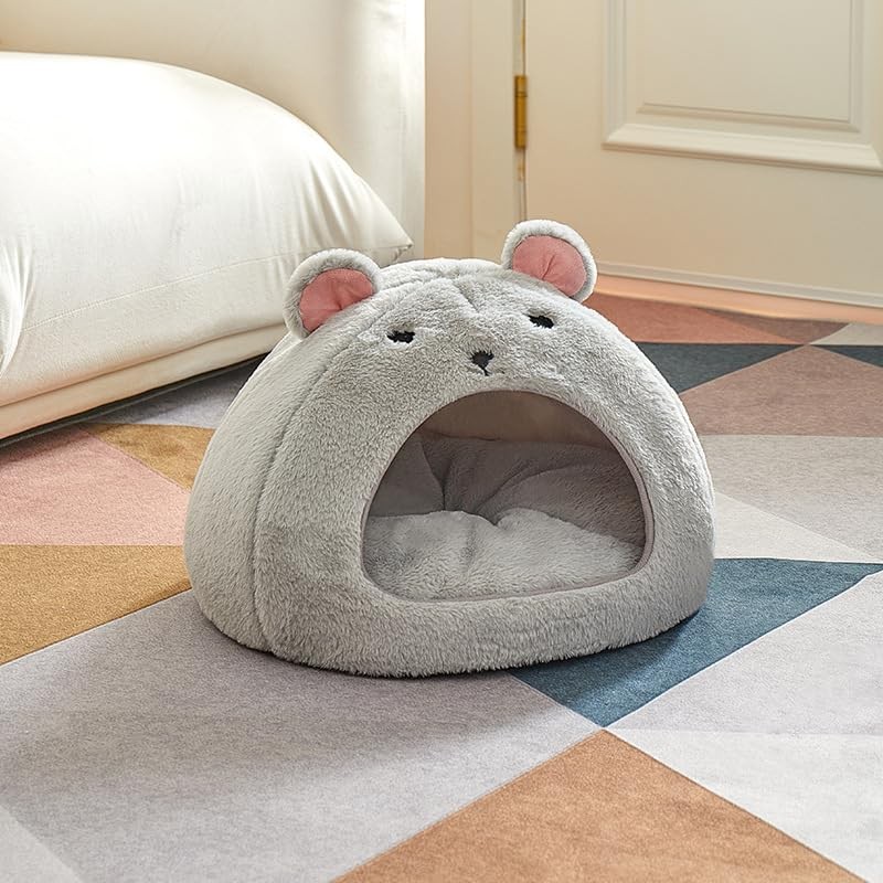 Cozy Mouse Ear Pet Cave Bed Ultra-Soft Gray Plush cave