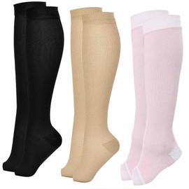 Dress Cici Open Toe Compression Socks for Women, Nylon Knee High Long Socks Toeless (3 Pack: Beige+Black+Pink), Asia Size XXL