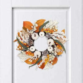 UgyDuky Fall Wreath for Front Door – 13.7 Inch Autumn Wreath with White Pumpkins, Maple Leaves, Pinecones & Berries – Thanksgiving Harvest Wreath for Indoor Outdoor Wall Farmhouse Decor