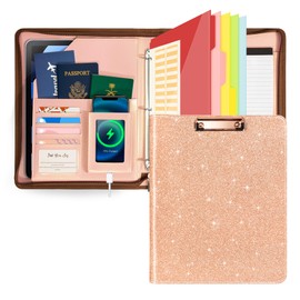 Ospelelf Leather Portfolio Folder, 3 Ring Binder with Storage clipboard, fits Letter Size Paper, with refillable Notepad, 5 Extra Folder Divider Pages, Zipper Closure, Faux Rose Gold Leather
