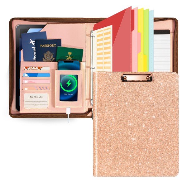 Ospelelf Leather Portfolio Folder, 3 Ring Binder with Storage clipboard,