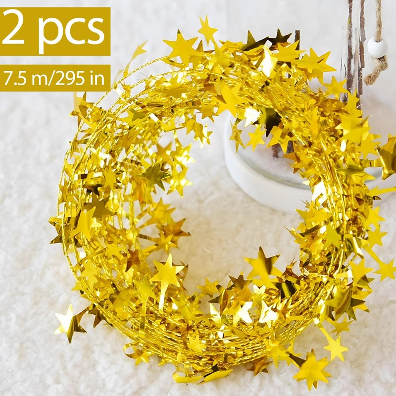 2 Packs Christmas Star Tinsel Garlands Gold Sparkly Tinsel Wire