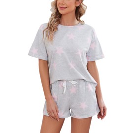 Kabento Stars Above Pajamas Women Set Short Sleeve Sleepwear Soft Cotton Pj Lounge Outfits Sets with Pockets, Pink Star, Large