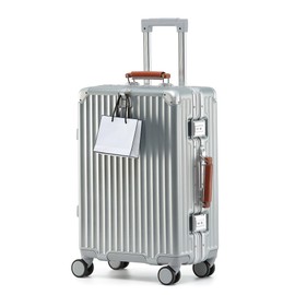 HotWay 24 Inch Hardside Checked Luggage with Leather Handle, PC Zipperless Suitcase with Spinner Wheels and TSA Locks, Lightweight Checked Luggage for Travel, Silver
