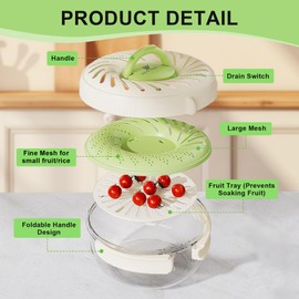 2 Pcs Fruit Cleaner Bowl with Strainer and Lid, Collapsible Handle Washing Bowl, Multifunctional strainer bowl for Kitchen Draining and Storage, Wash Berry, Vegetables for Kitchen, Fridge, Picnic