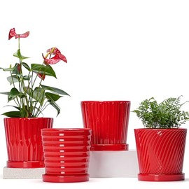 Ton Sin Plant Pots, 6 Inch Flower Pots for Plants,Ceramic Planter with Drainage Holes,Indoor Planter Pots with Saucer,Outdoor Garden Pots (Fire Red, 4 Pack)