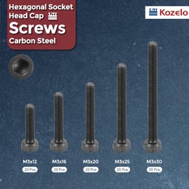 Kozelo 100pcs M3 Socket Head Cap Screws Bolts Nuts Assortment Kit - [M3x12/16/20/25/30mm] Alloy Steel Fully Threaded Black Oxide 12.9 Internal Hex Screw for 3D Printer Use