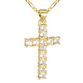 Kyhvoux Cross Necklace for Women, Cubic Zirconia 14K Gold Plated Copper Cross Pendant, Valentine's Mother's Day Gifts for Her with Jewelry Box 22" Figaro Chain, Alloy Brass CZ Diamond Bridal Wedding