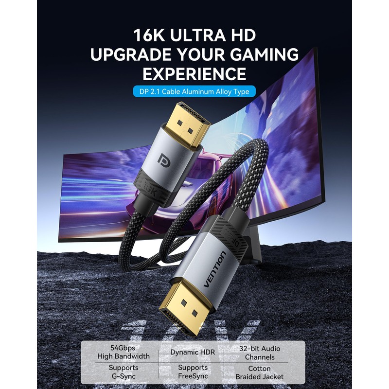 VENTION DP 2.1 Cable, 16K@60Hz, 8K@240Hz, 4K@360Hz, 54Gbps High-Speed Bandwidth,