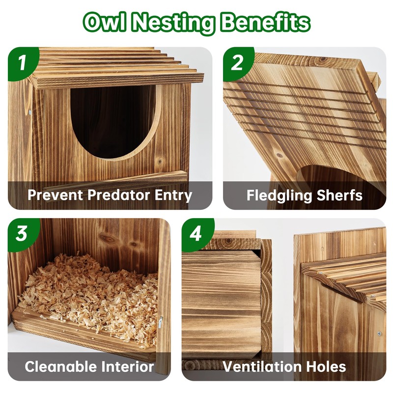 UUMENHA Durable Carbonized Cedar Owl House - 14.5×9×7.5 Inch Weather-Resistant
