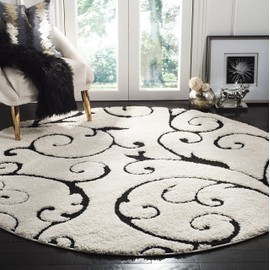 SAFAVIEH Florida Shag Collection SG455 Scrolling Vine Graceful Swirl Textured Non-Shedding Living Room Bedroom Dining Room Entryway Plush 1.2-inch Thick Area Rug, 4' x 4' Round, Ivory / Black