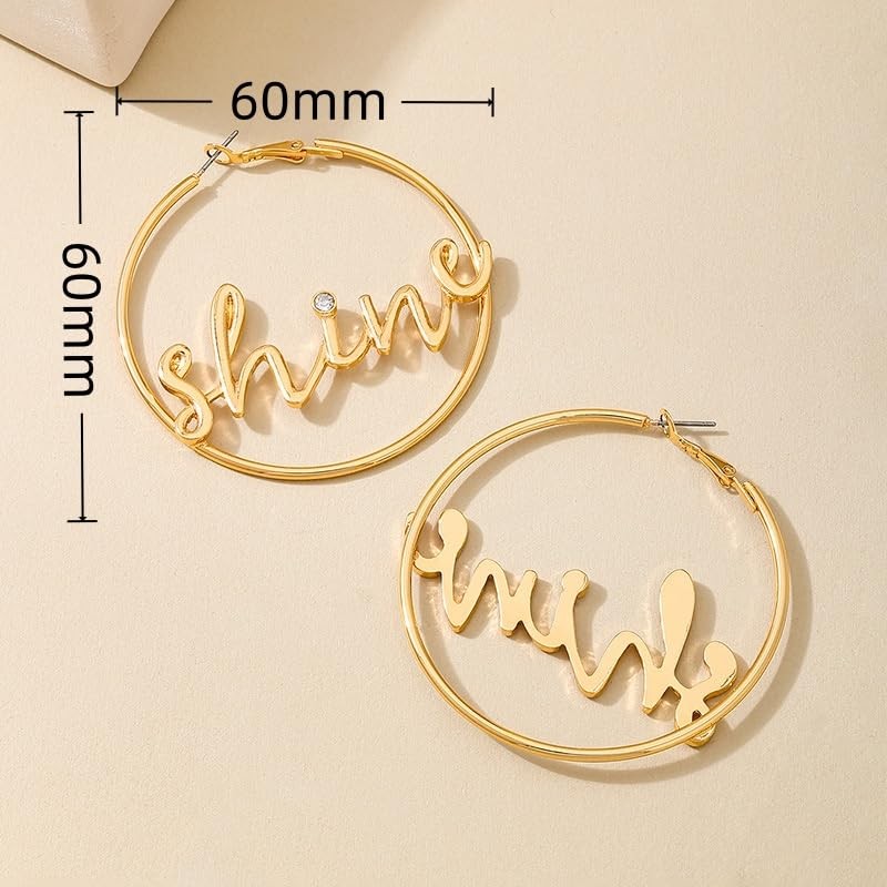 Gold Pated Large Circle Hoop Earrings with Shine Script, Lightweight